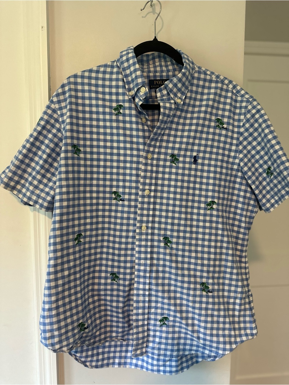 Polo by Ralph Lauren Blue Gingham Palm Tree Short-Sleeve Button-Down Shirt